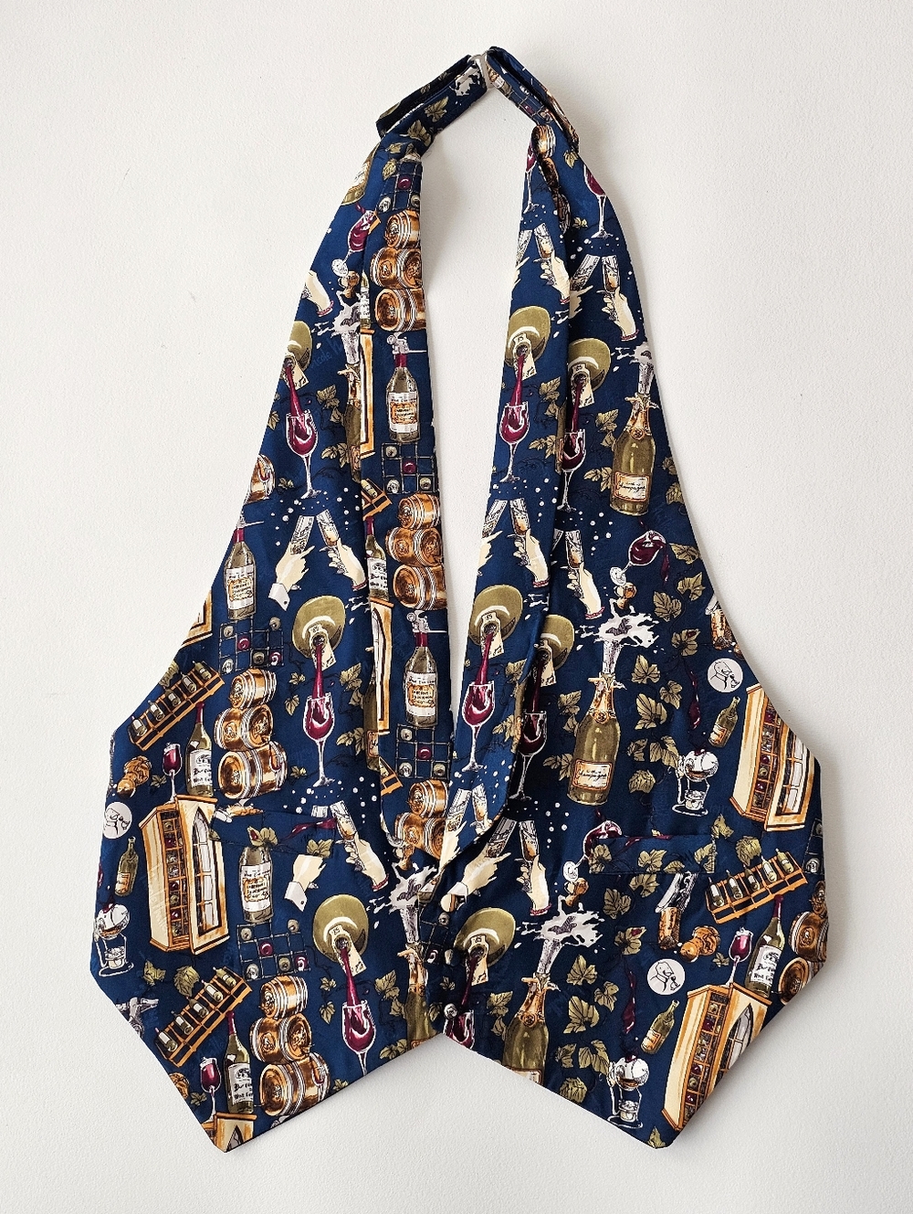 Rare Vintage Wine Print Tuxedo Vest Novelty Bar Theme Blue Adjustable Back